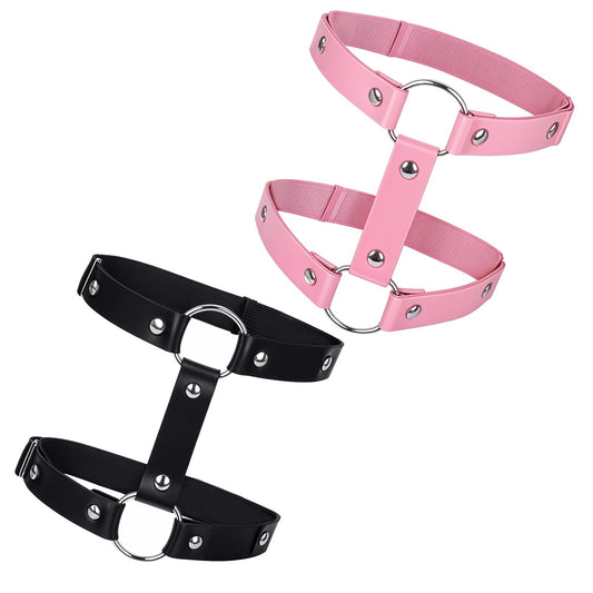 Yolev 2Pcs Leg Garter with Anti-Slip Clips Gothic Thigh Ring Garter Leather Leg Harness Punk Thigh Ring Garter Belt for Women(Black+Pink)