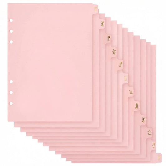 A5 Binder Dividers with 12 Monthly Tabs, Pink Paper A5 6 Ring Binder Inserts Planner Dividers Index Page Separators for Journals, Binders, Notebooks, Planners