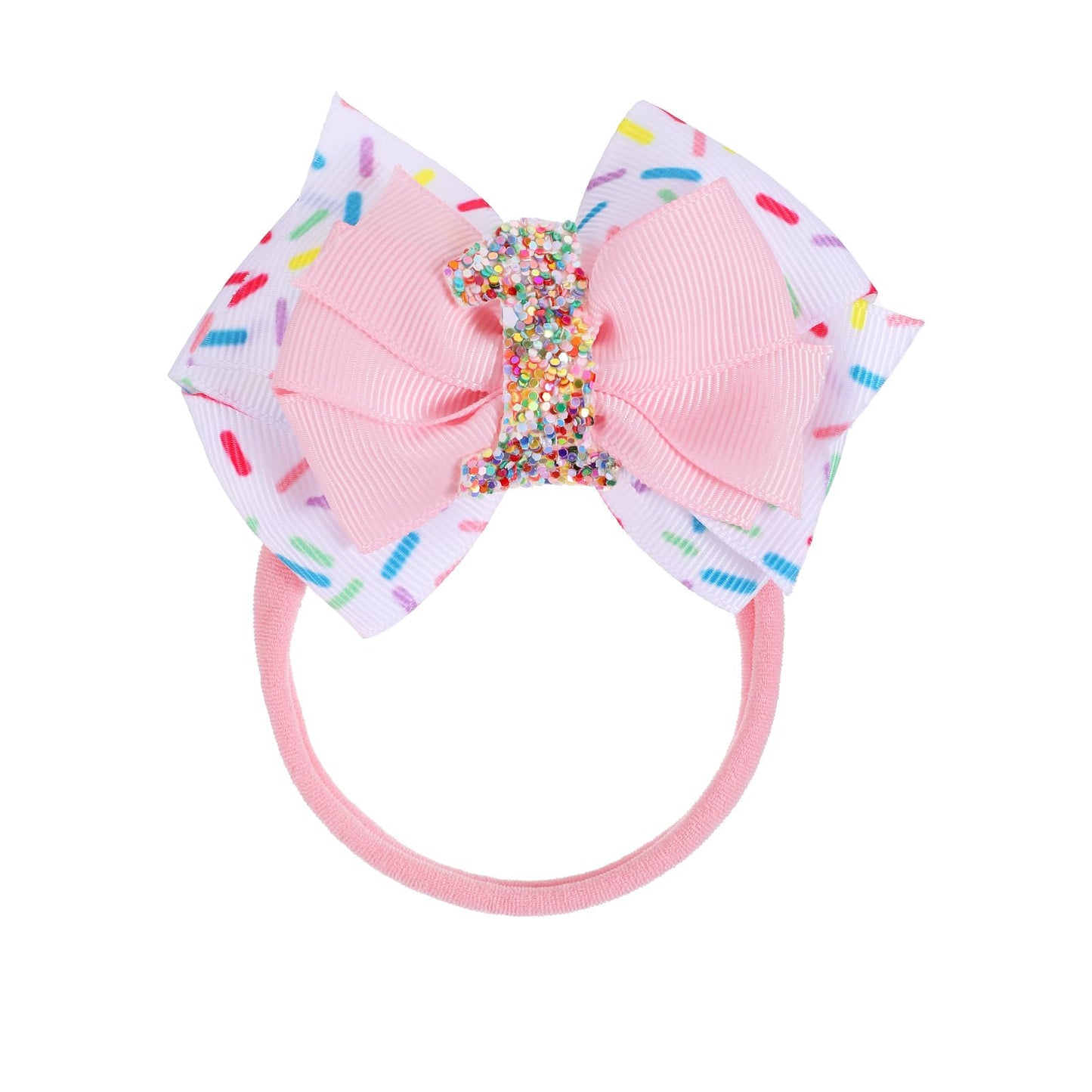 Birthday Hair Bow for Baby Girls 1 2 Years, Pink Glitter Girls Hair Bows Cute Birthday Girl Bow Confetti Ice Cream for Baby Toddler Girls Sprinkle Gifts Party Decorations(1st Baby Girl Headband)