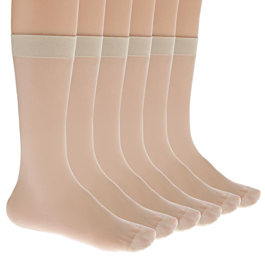 Women's Sheer Nylon Ankle Socks 6 Pack Apricot Nude Crew Stocking Ultra Thin See Through Calf High Socks for Women