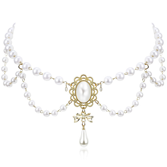 Telooco White Pearl Choker Necklaces Bridal Vintage Faux Pearl Necklaces Dainty 1920s Layered Pearl Necklace Vintage Jewelry for Women