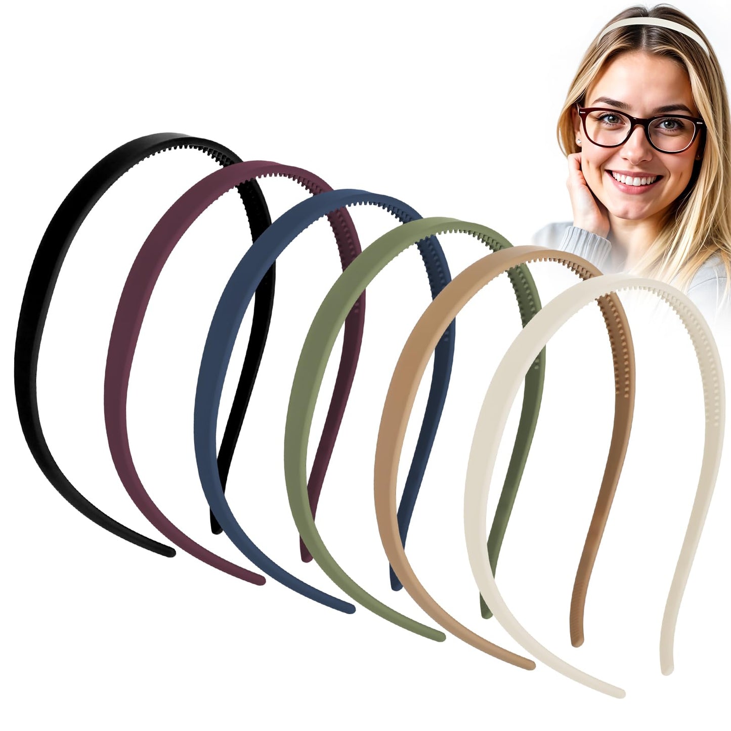 6 Pcs Frosted Headbands for Glasses Wearers with Teeth No Pressure Headbands for Women 5.5x5.1In Thick Sunglass Headbands(Blue, Light Brown, Dark Brown, Black, Green, Off-White)