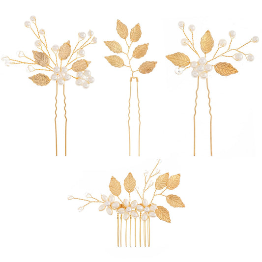 Lusofie 4Pcs Flower Wedding Hair Pins Gold Leaf Bridal Hair Pins with Peals Flower Wedding Hair Accessories for Brides Bridesmaids Women Girls(3.54In)