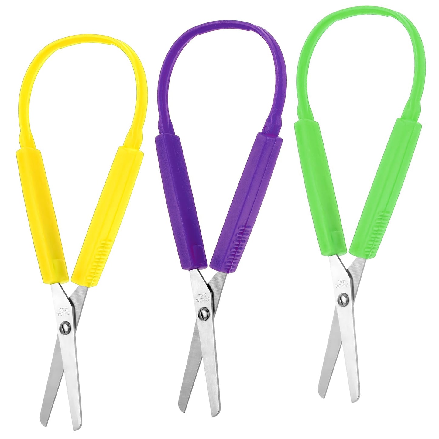 Yolev 3Pcs Loop Scissors Adaptive Design Scissor 5.5 Inch Safety Handle Self Opening Scissors for Kids Special Need Children Back to Schools