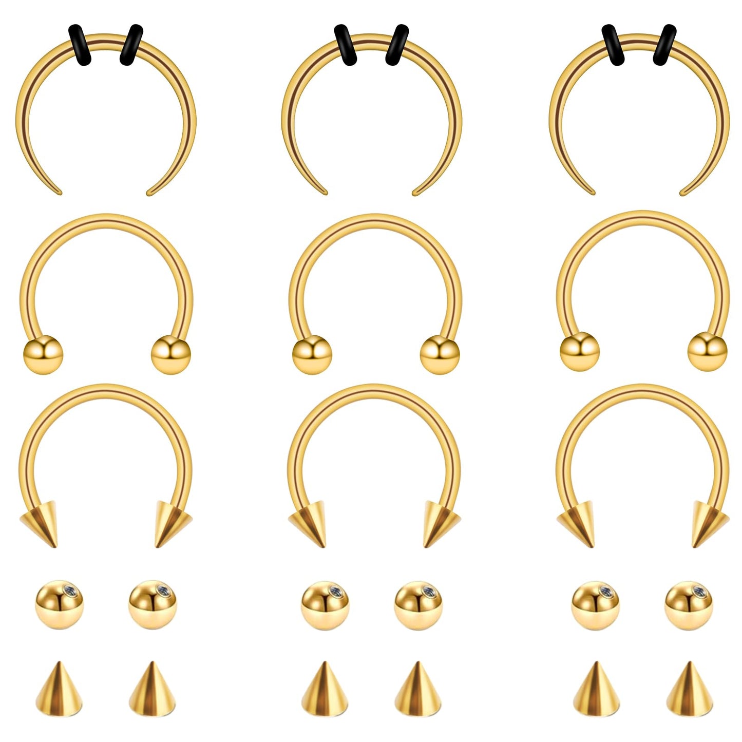 9PCS 16g Horseshoe Septum Ring for Women Surgical Stainless Steel Septum Nose Rings 10mm Nose Piercing Jewelry Eyebrow Lip Rings Men Balls & Spikes Snake Bite Gold