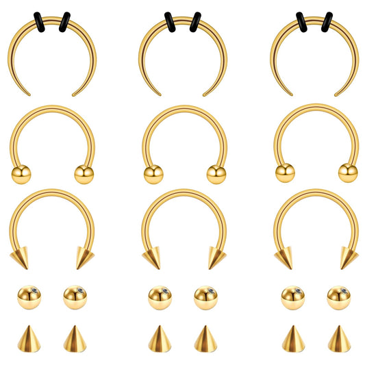 9PCS 16g Horseshoe Septum Ring for Women Surgical Stainless Steel Septum Nose Rings 10mm Nose Piercing Jewelry Eyebrow Lip Rings Men Balls & Spikes Snake Bite Gold