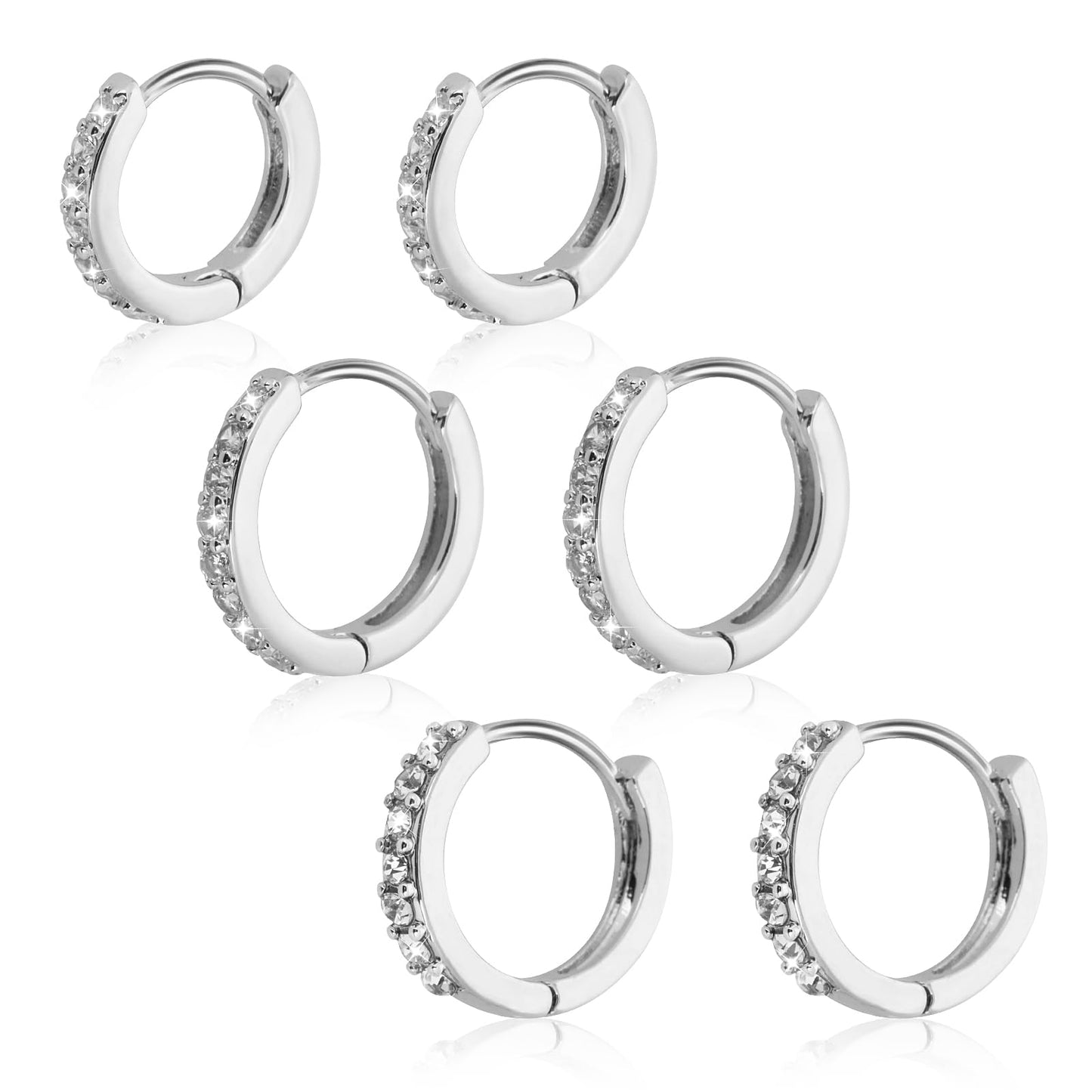 Lusofie 3 Pairs Small Silver Hoop Earrings Rhinestones Hoop Earrings Silver Earrings Set Hoop Ear Piercing Earrings for Women Girls Men (8mm 10mm 12mm)