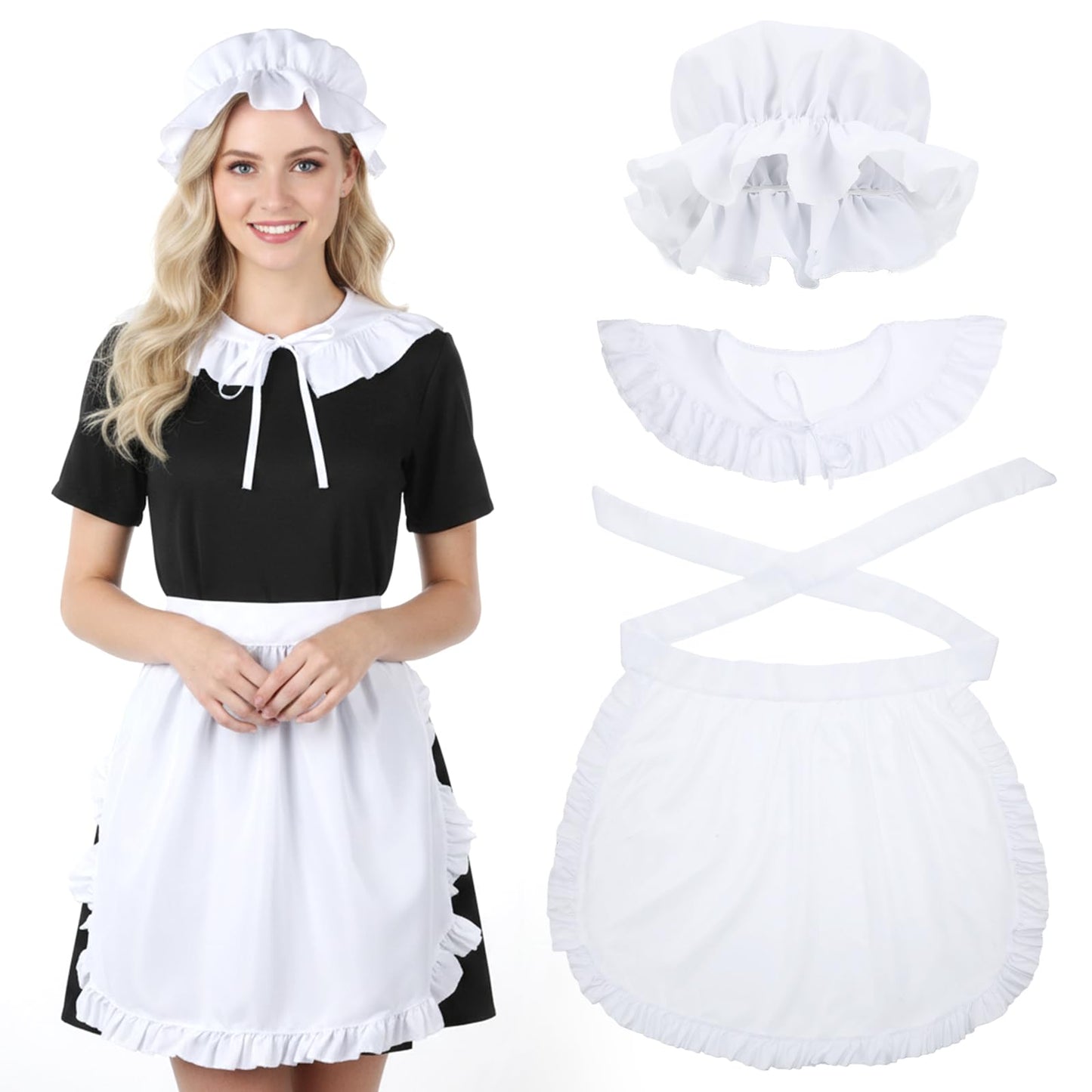 Tucnoeu 3 Pcs Halloween Colonial Costume Women Set: White Mob Cap Bonnet Shawl Waist Apron Pilgrim Costume Girls Cosplay(Vintage)