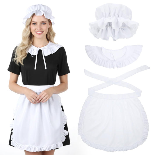 Tucnoeu 3 Pcs Halloween Colonial Costume Women Set: White Mob Cap Bonnet Shawl Waist Apron Pilgrim Costume Girls Cosplay(Vintage)