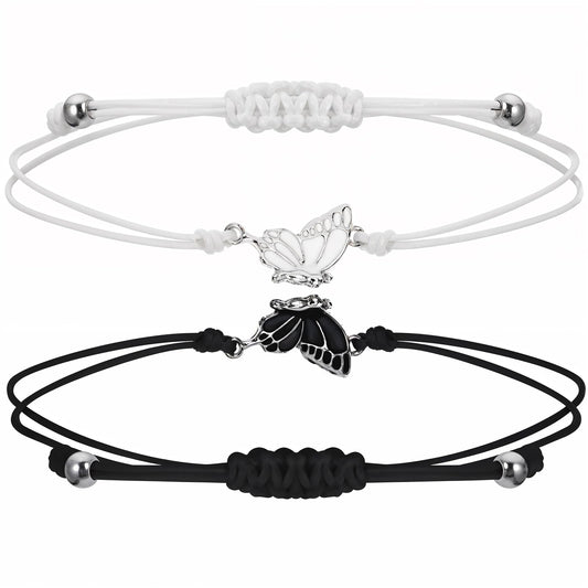 Tucnoeu 2pcs Friendship Bracelets,Butterfly Matching Bracelets,Adjustable Couples Bracelets,Handmade Charm Braided Butterfly Bracelet Bestie Bracelets for Friends Sisters Couples(Black&white)