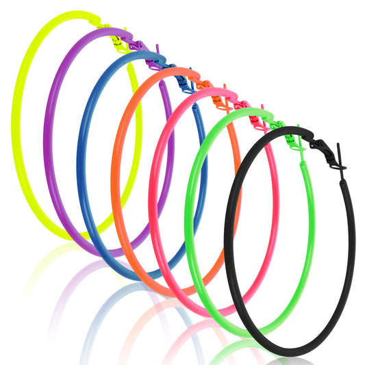 7 Pairs Retro Neon Hoop Earrings 80s 90s Party Classic Earrings Dangle 70s Big Hoop Earrings for Women Large Bright Hoop Neon Jewelry Accessories for 80s Outfit for Women Party (Round Style)