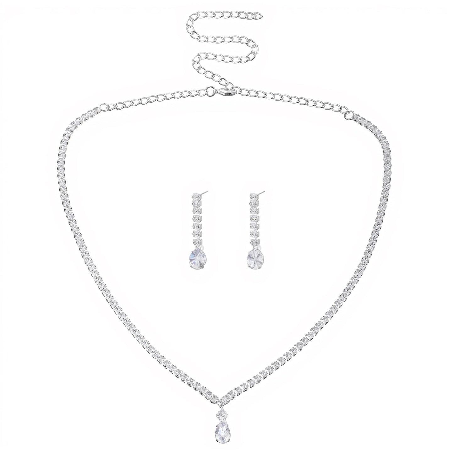 2Pcs Silver Necklace and Earring Set, Rhinestone Silver Prom Jewelry