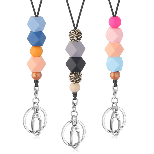 Lusofie 3PCS Silicone Beaded Lanyards for ID Badges and Keys,Soft Nurse Necklace Teacher Lanyard Boho Lanyards Fashion Beaded Cute Badge Lanyards for Women
