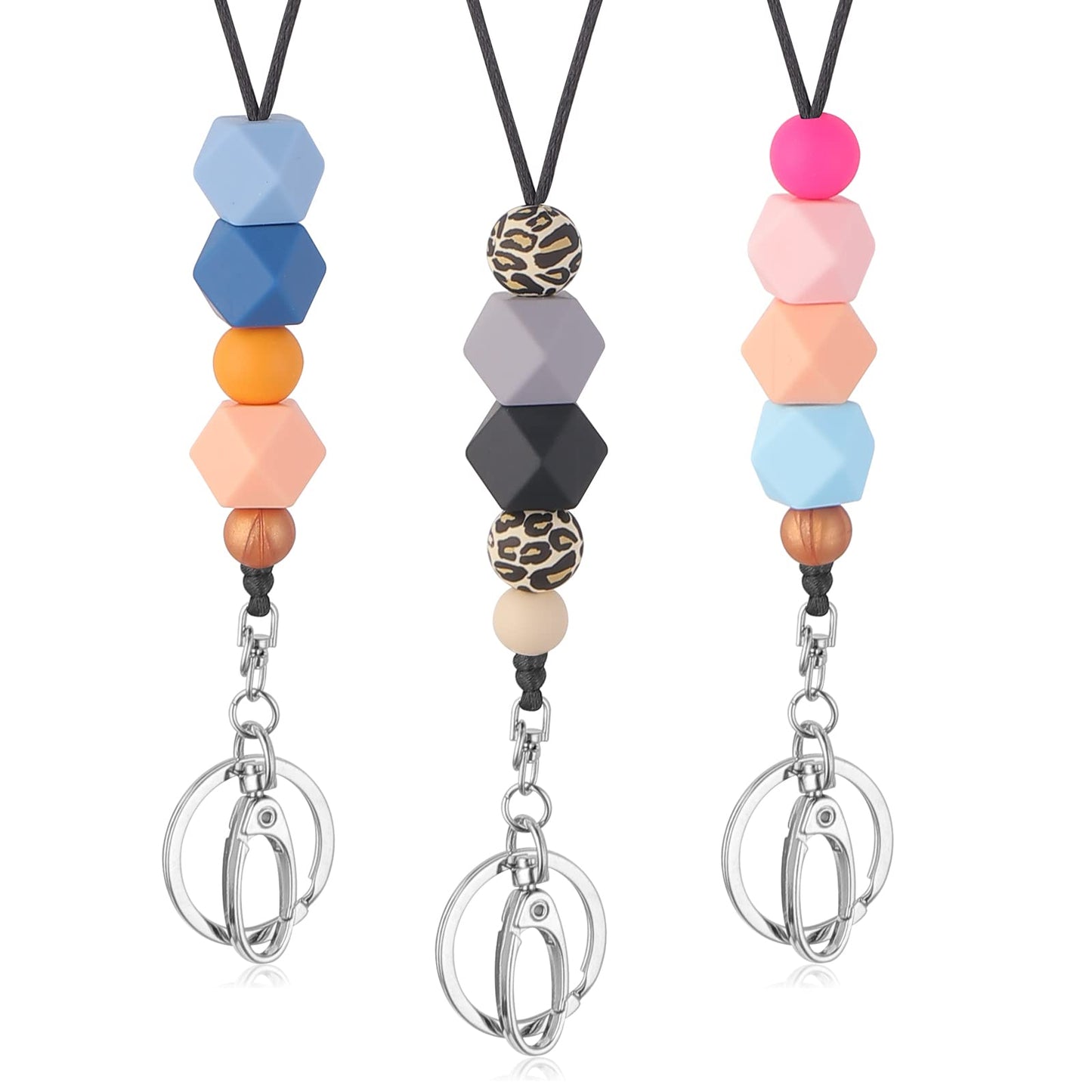 Lusofie 3PCS Silicone Beaded Lanyards for ID Badges and Keys,Soft Nurse Necklace Teacher Lanyard Boho Lanyards Fashion Beaded Cute Badge Lanyards for Women