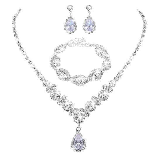 Lusofie 3Pcs Bridal Jewellery Set Diamante Necklace Rhinestone Earrings Bracelet Prom Jewelry Sets Bridesmaid Jewellery Sets Jewelry Sets for Women Girls