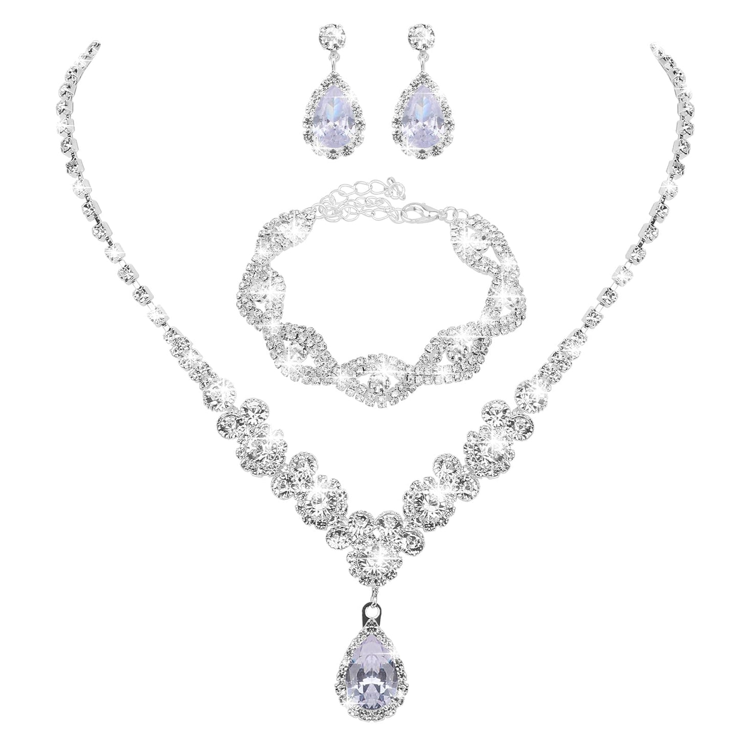 Lusofie 3Pcs Bridal Jewellery Set Diamante Necklace Rhinestone Earrings Bracelet Prom Jewelry Sets Bridesmaid Jewellery Sets Jewelry Sets for Women Girls