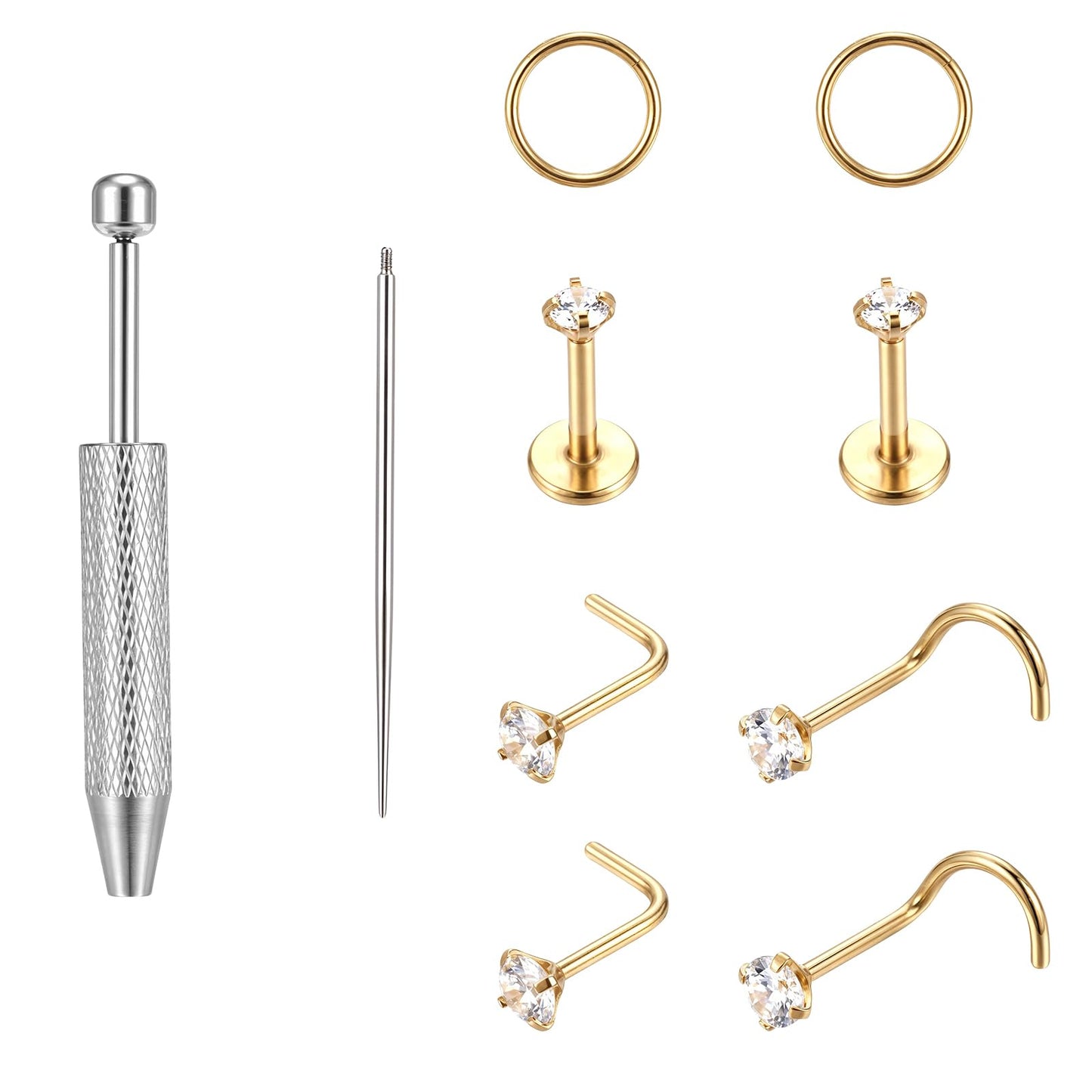 14K Nose Rings Stud, Clicker Segment L Shaped Screw Flat Back Nose Stud