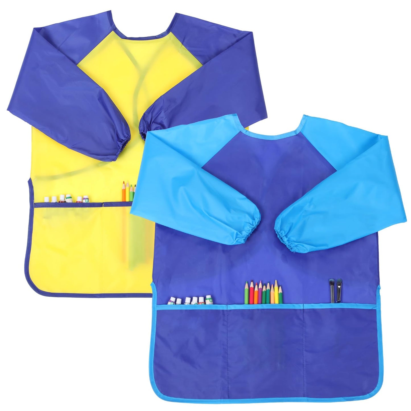 Yolev Kids Art Smock (2Pcs) - Waterproof Polyester Children's Paint Apron with 3 Pockets, Elastic Cuffs, Bag Design (Yellow+Blue, Ages 3-8 Years)