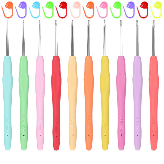 HaiFafafaing 10 pcs Small Sizes Crochet Hooks Set，0.5mm - 2.75mm Micro Crochet Hook with Stitch Markers，Ergonomic Soft Grip Handle Crochet Hook Needles，Lace Crochet Hooks,Lace Knitting Needles
