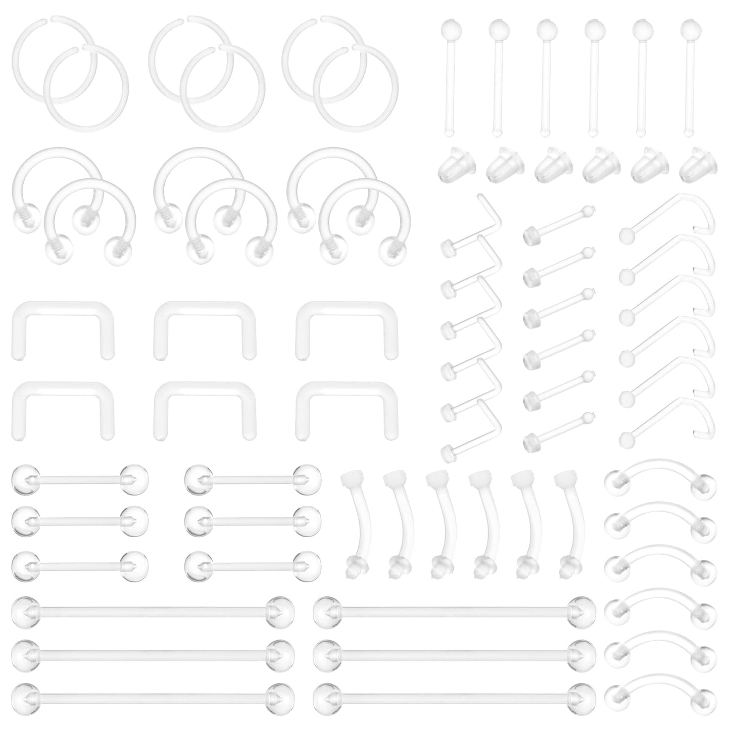 Telooco 66pcs Piercing Retainers Acrylic Clear Earrings Studs for Surgery Nose Rings Studs Belly Rings Septum Eyebrow Lip Cartilage Tragus Earring Retainer Industrial Bar Plastic Piercing Jewelry