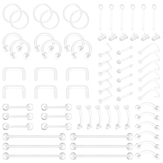 Telooco 66pcs Piercing Retainers Acrylic Clear Earrings Studs for Surgery Nose Rings Studs Belly Rings Septum Eyebrow Lip Cartilage Tragus Earring Retainer Industrial Bar Plastic Piercing Jewelry