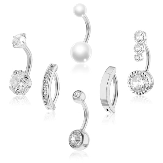 Yolev 6 Pcs Belly Button Bars Ring Silver Belly Bar Stainless Steel Belly Bar Balls 15G 16G Long Dangly Belly Button Bars Sterling Silver Navel Piercing Jewelry Various Sizes Round Pearl Diamond