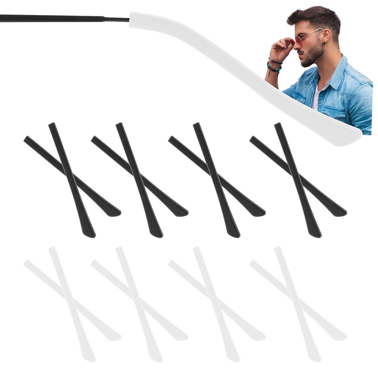 8 Pairs Eye Glasses Ear Grippers Silicone Eyeglass Ear Grips Sleeve Anti Slip Glasses Ear Cushion Ear Pads for Glasses Tightening Holder Temple Tips For Eyeglasses Thin Metal Eyeglass Leg Black White