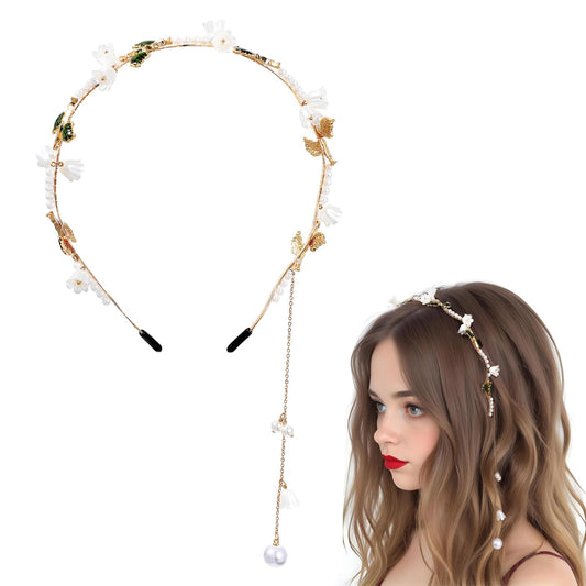 Flower Headband for Women ABS Girls Hair Vine Gold Leaf Boho Headband with Pearl Chain Gold Floral Bridal Crown for Wedding Dating Accessories Headpiece