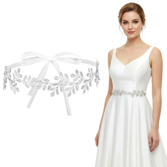 HaiFafafaing Wedding Dress Belt,Rhinestone Pearl Bridal Belt with White Organza,Sparkly Exquisite Silver Leaf Sash Belts for Formal Dress,Special Occasion