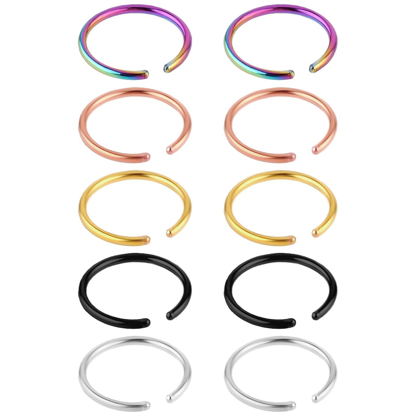 DIVINA VITAE 10PCS Nose Rings Hoops, Clip on Nose Ring Stainless Steel Fake Surgical Hoop Nose Ring Septum Cartilage Ring Set for Women Men
