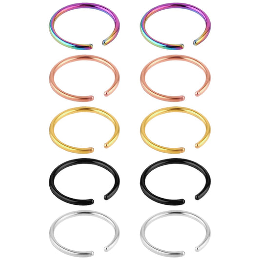 DIVINA VITAE 10PCS Nose Rings Hoops, Clip on Nose Ring Stainless Steel Fake Surgical Hoop Nose Ring Septum Cartilage Ring Set for Women Men