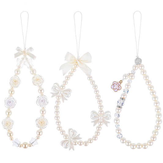 Lusofie 3 pcs Phone Charms Strap with Butterfly Bow Knot White Phone Charms Beaded Camera Wrist Strap Universal Women Girls Pearl Bracelet Wrist Strap Y2k for Wallet Phone