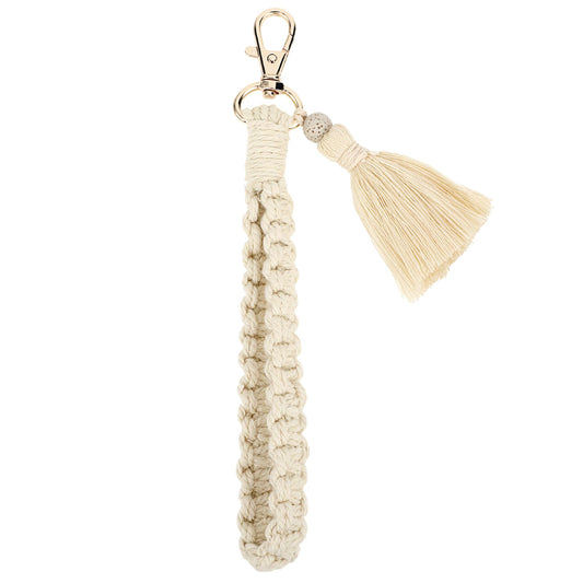 Lusofie Boho Wrist Keychain Macrame Wristlet Keyring Holder with Tassel Bracelet Keychain Wrist Lanyard for Women(Beige)