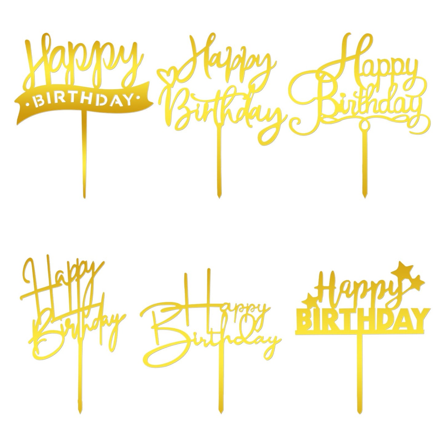 6 Pcs Gold Cake Topper Gold Happy Birthday Sign for Cake Decorations Acrylic Cake Toppers Happy Birthday Letters for Cake Personalized Golden Cupcake Toppers Gold Cake Inserts Cake Decor Supplies
