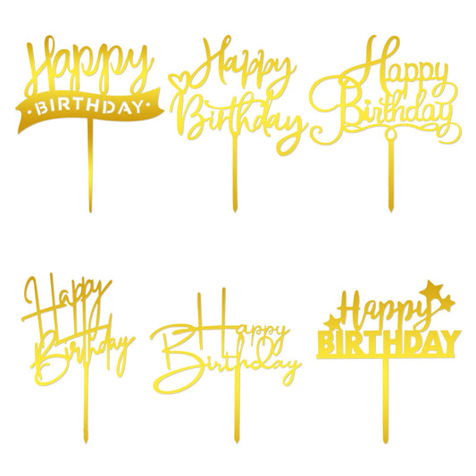 6 Pcs Gold Cake Topper Gold Happy Birthday Sign for Cake Decorations Acrylic Cake Toppers Happy Birthday Letters for Cake Personalized Golden Cupcake Toppers Gold Cake Inserts Cake Decor Supplies