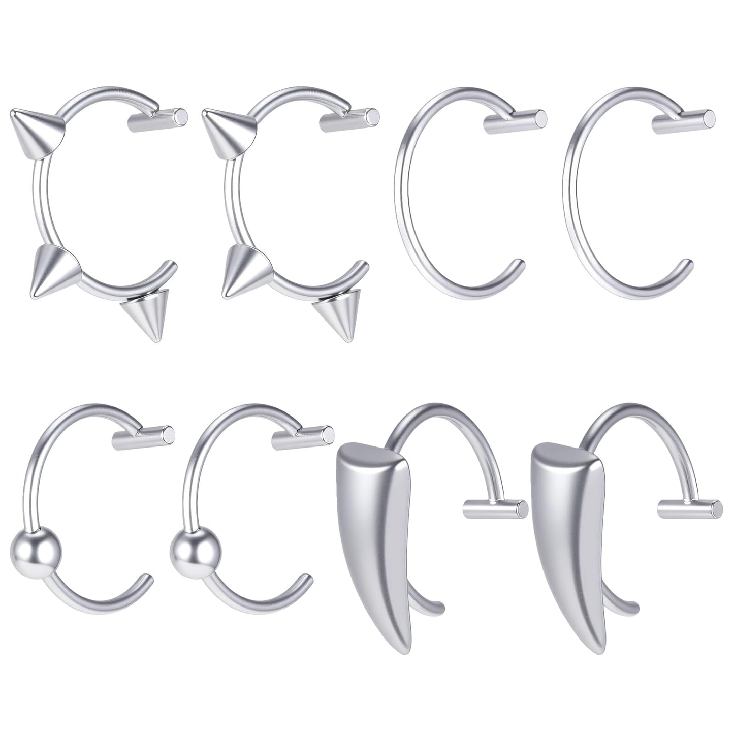 Josojoou 8 Pcs Stainless Steel Fake Lip Ring - Clip on Septum Ring, Vampire Teeth Rings, Adjustable Non-Piercing Lip Piercing Jewelry For Women Men(Silver)