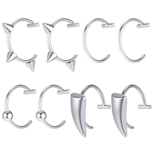 Josojoou 8 Pcs Stainless Steel Fake Lip Ring - Clip on Septum Ring, Vampire Teeth Rings, Adjustable Non-Piercing Lip Piercing Jewelry For Women Men(Silver)