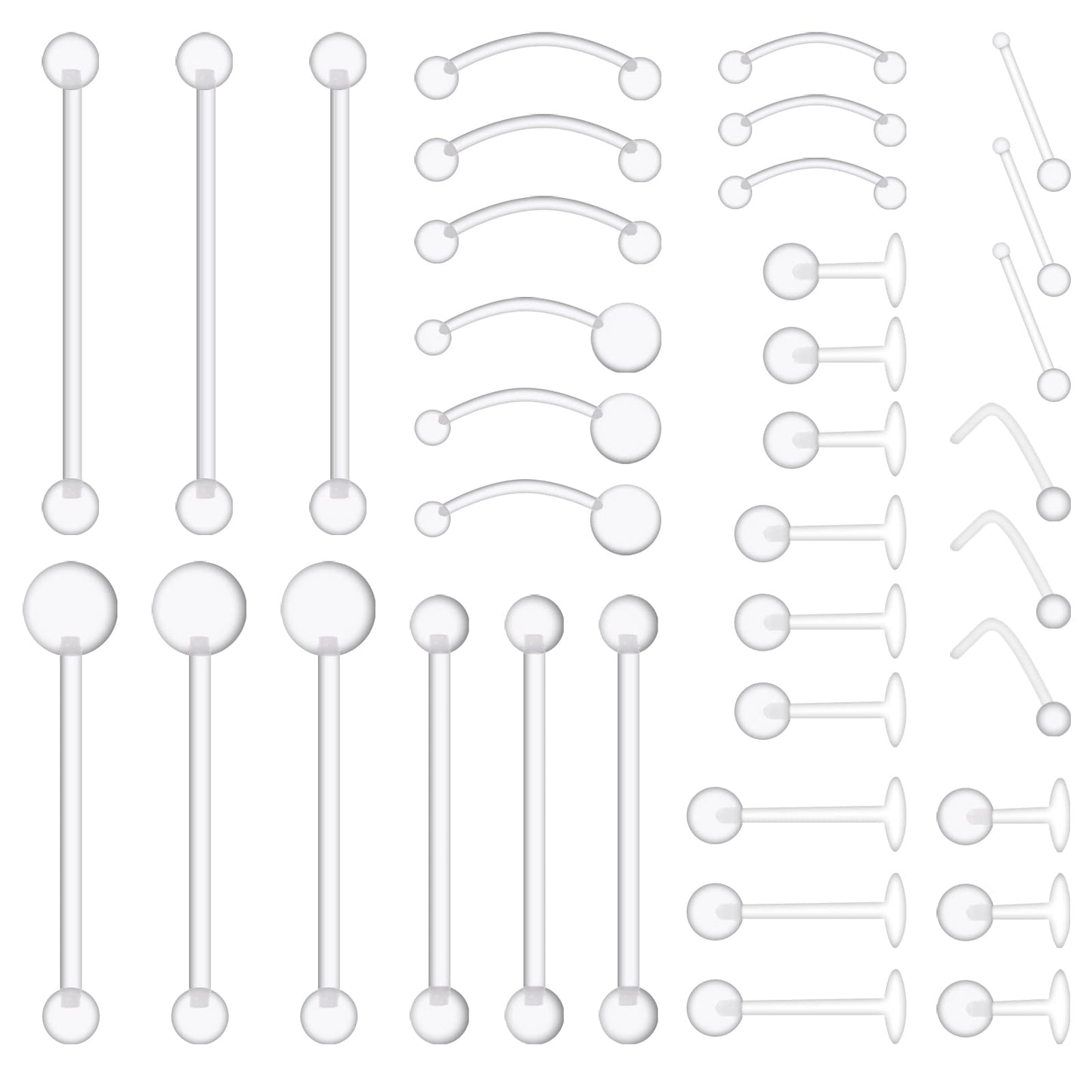 Yolev 36pcs Clear Piercing Jewelry Clear Piercing Retainers Set Plastic Nose Rings for Surgery Transparent Navel Belly Ring Lip Studs Eyebrow Tongue Barbells Cartilage Earring Piercing Retainer