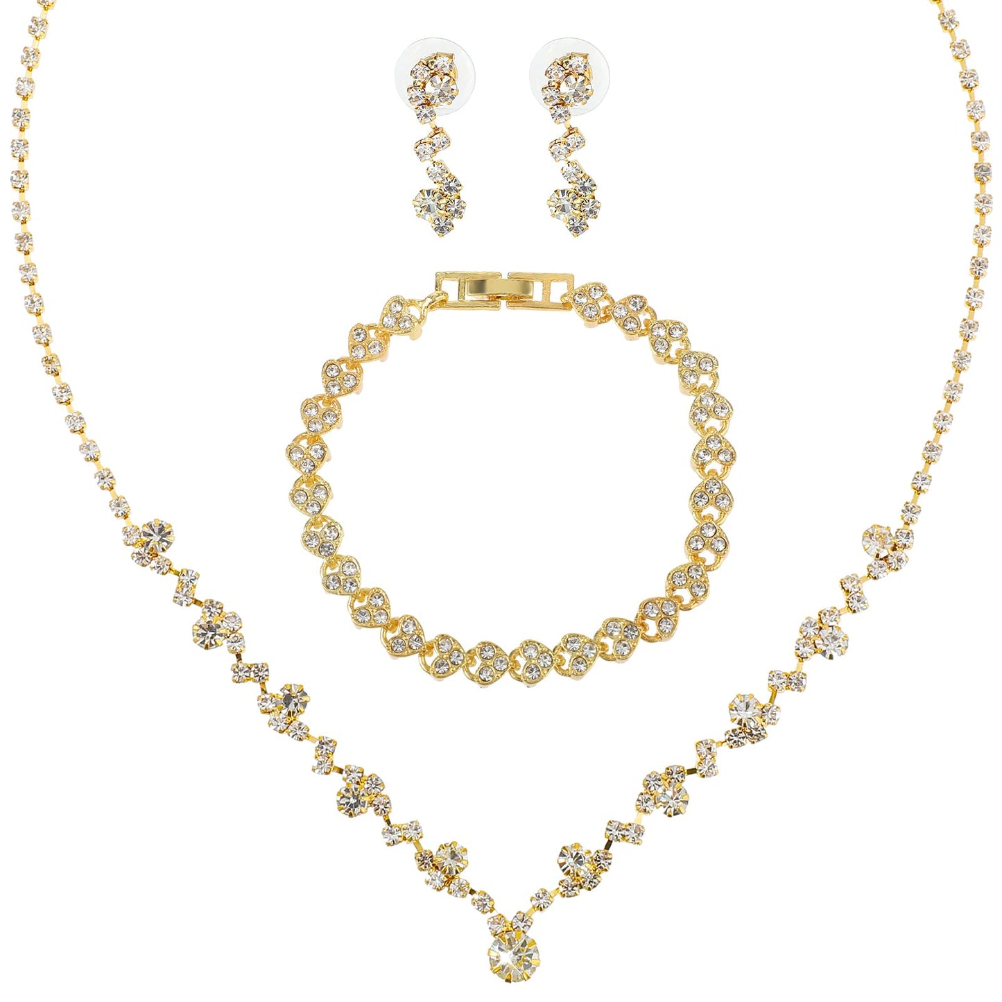 Bridal Jewelry Set Rhinestone Wedding Jewelry Set Gold Necklace Earrings Set Brides Bridesmaid Prom Costume Jewelry Set for Women and Girls