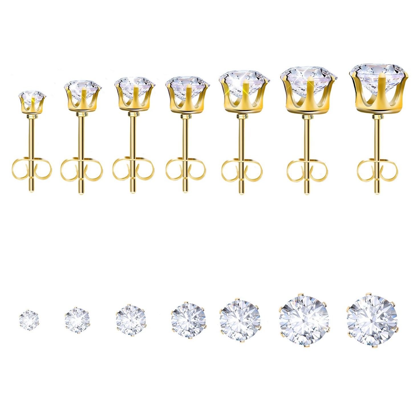 Stainless Steel Earrings for Women 7 Pairs Cubic Zirconia Earrings Studs Hypoallergenic Earrings for Women Gift(Gold)
