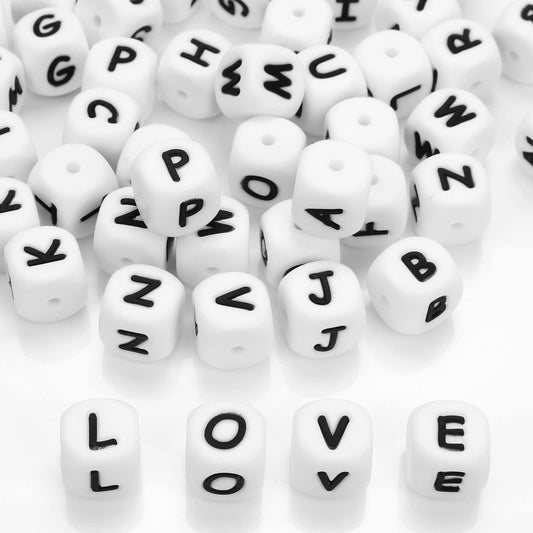 Yolev 52Pcs A-Z Silicone Letter Beads Square Silicone Loose Beads Alphabet Silicone Beads for Jewelry Making Bracelets Necklaces Keychain DIY(White, 12MM)