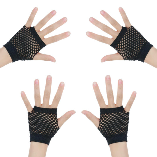 Ziuohaa 2 Pairs Women Fingerless Mesh Gloves, Elastic Nylon Mesh Gloves for 80s Theme Party Halloween Costume Accessories