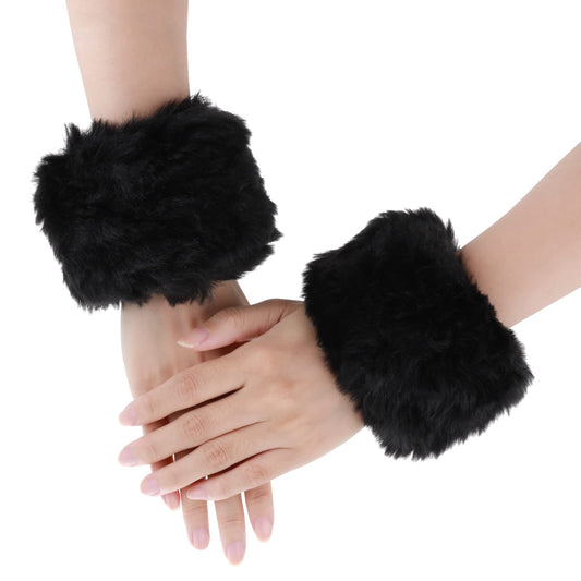 1 Pair Faux Fur Wrist Cuffs Winter Fur Wrist Warmers Wrist Band Ring Cuffs Soft Winter Arm Warmer Sleeves for Women (Black)