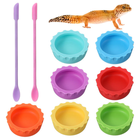 9pcs Crested Gecko Food Dish and Spoons Set Silicone Geckos Feeding Cups Colorful Food and Water Bowl Gecko Tank Accessories for Crested Geckos Hermit Crabtortoise Tarantula Lizard