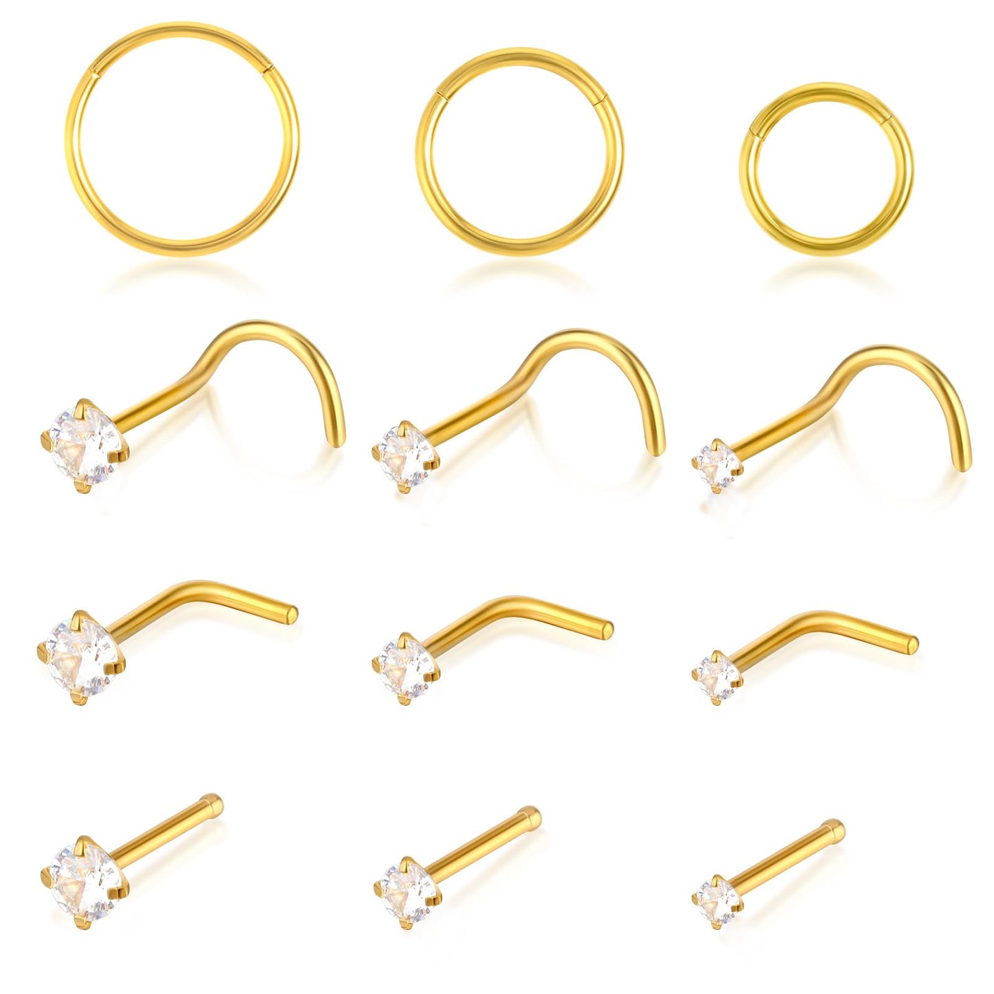 Lusofie 9Pcs Gold Nose Stud Nose Stud Gold 20G 3Pcs 18G Gold Nose Ring with Cubic Zirconia Nose Piercing Jewellery Stainless Steel Helix Piercing Jewellery Gold L Shaped for Women Men