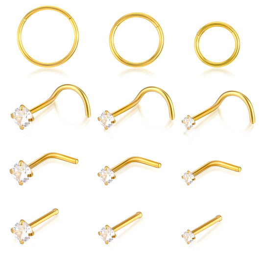 Lusofie 9Pcs Gold Nose Stud Nose Stud Gold 20G 3Pcs 18G Gold Nose Ring with Cubic Zirconia Nose Piercing Jewellery Stainless Steel Helix Piercing Jewellery Gold L Shaped for Women Men