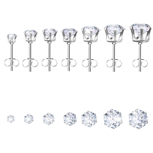Stainless Steel Earrings for Women 7 Pairs Cubic Zirconia Earrings Studs Hypoallergenic Earrings for Women Gift(Silver)