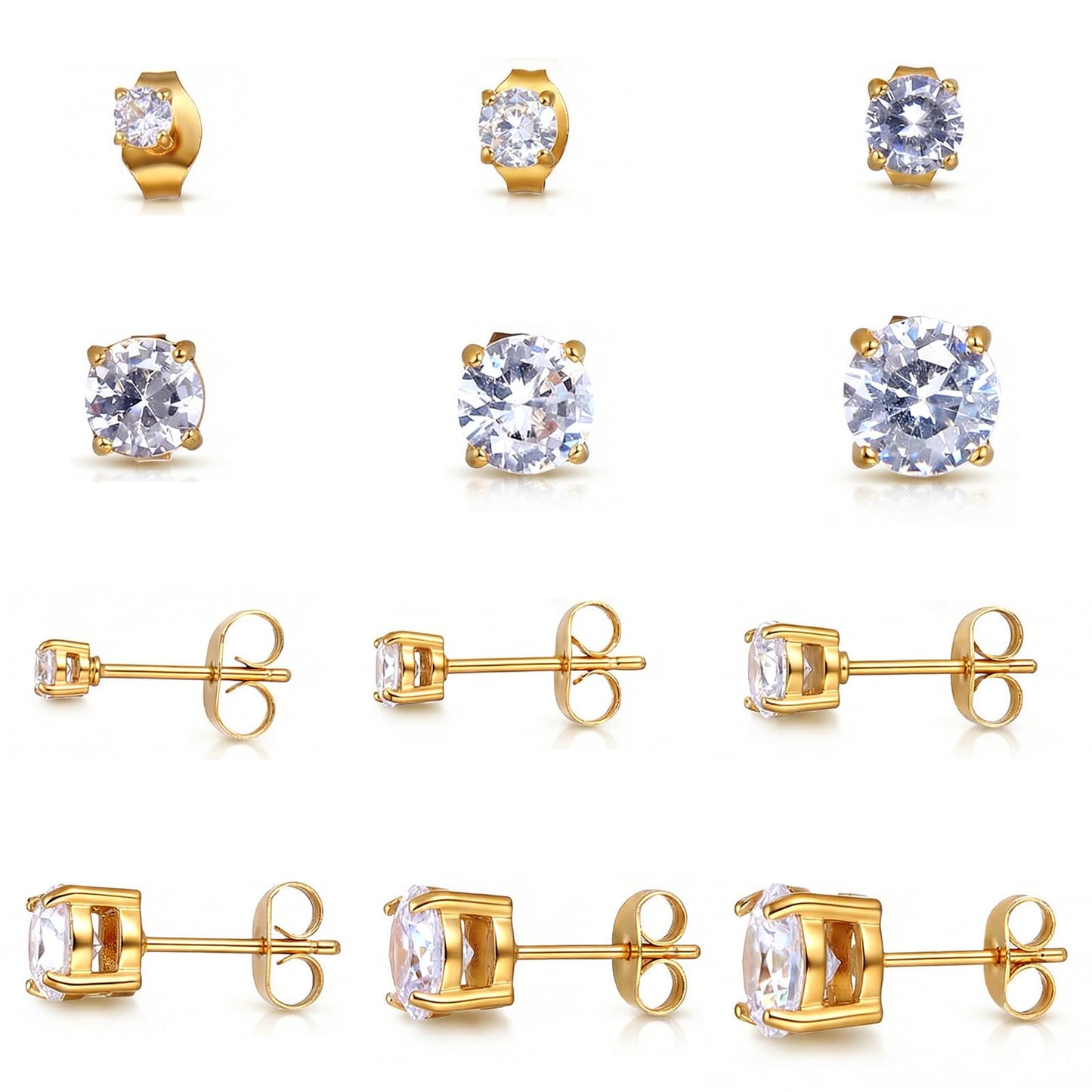 Tucnoeu 6 Pairs Flat Back Earrings,Cubic Zirconia Stud Earrings for Women Men,Gold Earring Studs for Cartilage Multiple Piercings Studs,3-8mm