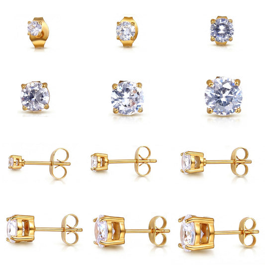 Tucnoeu 6 Pairs Flat Back Earrings,Cubic Zirconia Stud Earrings for Women Men,Gold Earring Studs for Cartilage Multiple Piercings Studs,3-8mm