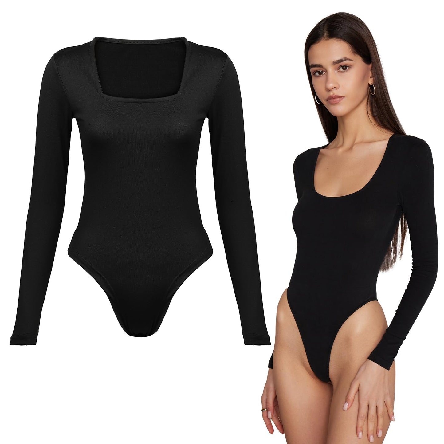 Lusofie Long Sleeve Black Bodysuit Square Neck Body Suit Stretchy Going out Bodysuit for Women Spring Autumn Summer(L,Black)